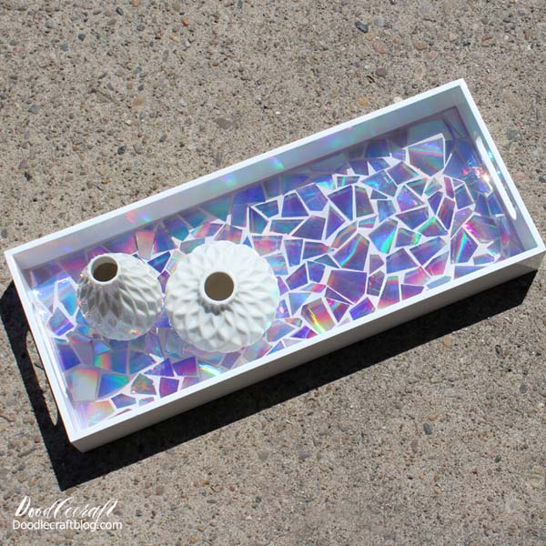 DVD mosaic serving tray with high gloss resin for smooth and glossy finish.