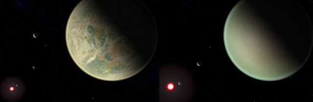 Conceptual image of water-bearing (left) and dry (right) exoplanets with oxygen-rich atmospheres. Crescents are other planets in the system, and the red sphere is the M-dwarf star around which the exoplanets orbit. The dry exoplanet is closer to the star, so the star appears larger