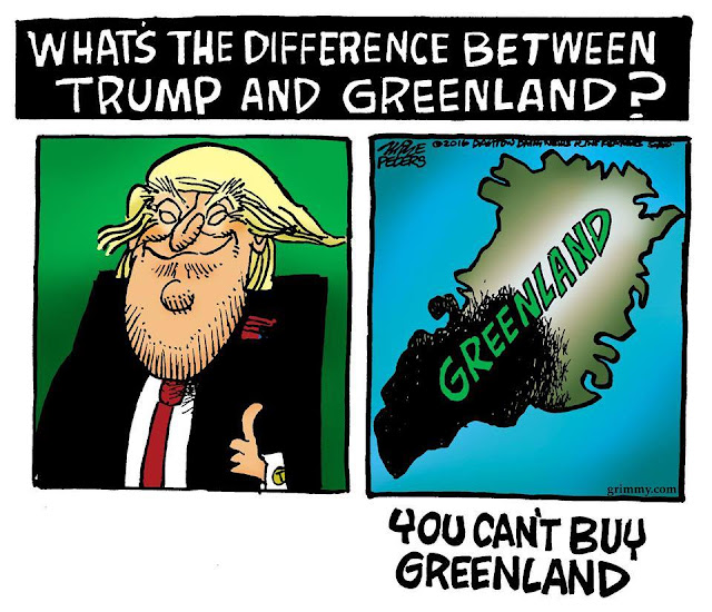 Cartoon showing image of Donald Trump and map of Greenland and asking, 