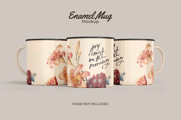 Three Classic Enamel Mug PSD Mockup Free Download Three Classic Enamel Mug PSD Mockup