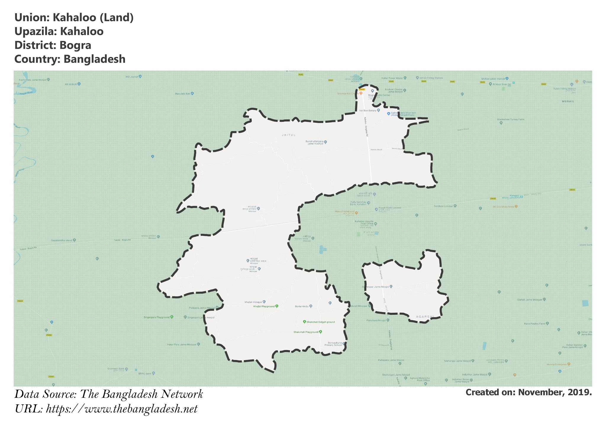 Map of Kahaloo of Bogra, Bangladesh.