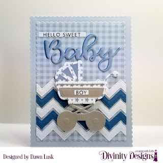 Divinity Designs Stamp/Die Duos: Bless This Baby, Custom Dies: Chevron Background, Baby Carriage with Layers, Sentiment Strips, Scalloped Rectangles Paper Collection: Baby Boy