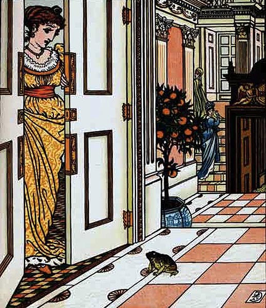 deco-style graphic of an elegantly-dressed woman opening a door into a well-decorated area, and a frog on the checkered floor looking up at her
