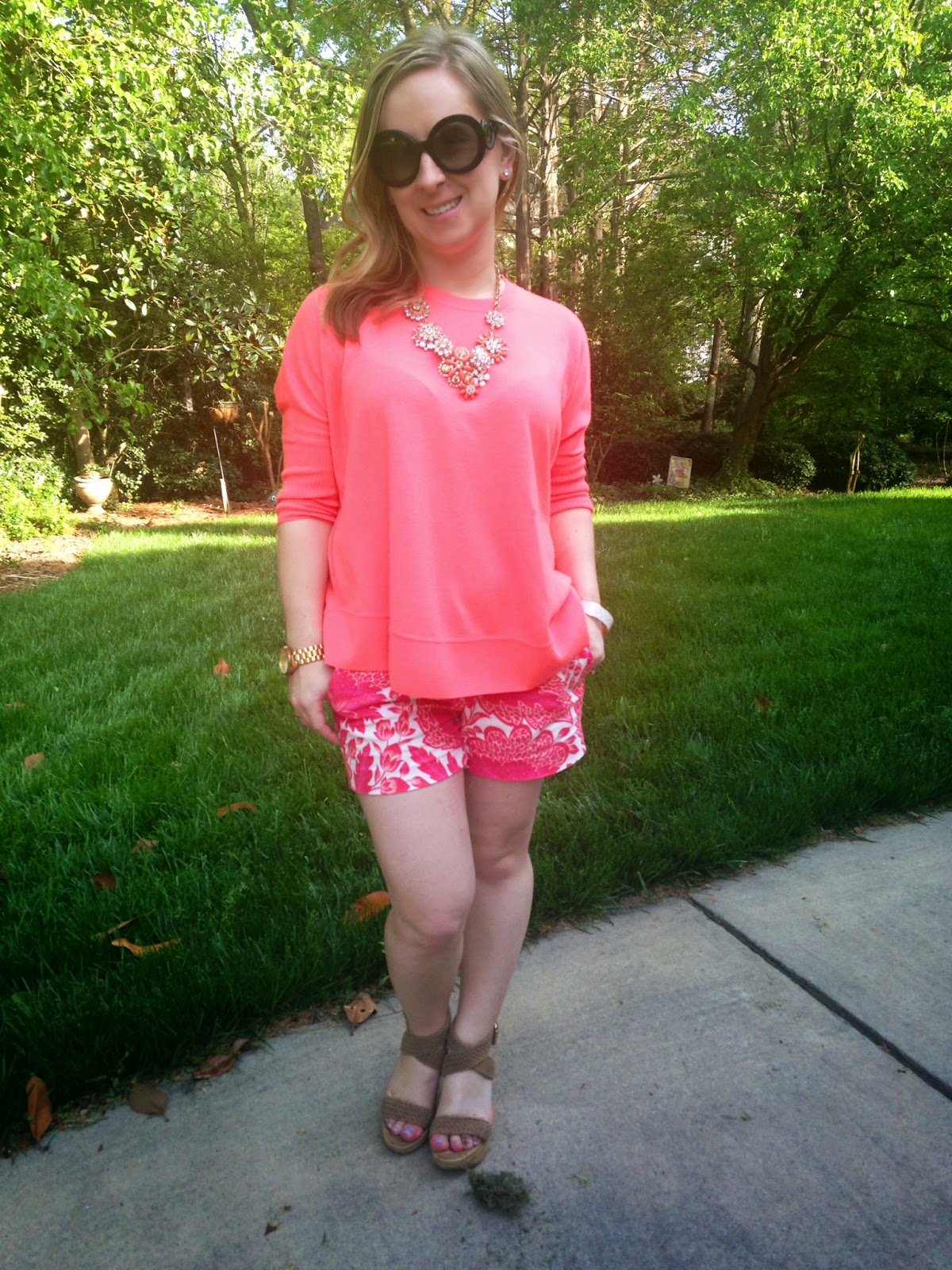 Spring, Scroll print, JCrew Short, Swing Sweater, neon flamingo