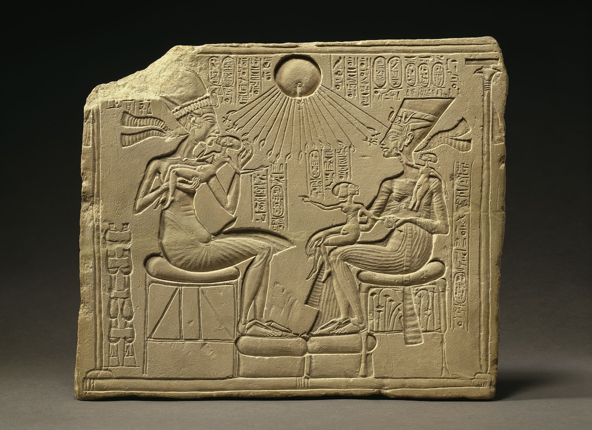 Relief House Altar, Akhenaten, Nefertiti and Three of their Daughters, New Kingdom, Amarna period, c. 1350 BCE, Neues Museum, Berlin, Germany. Google Arts & Culture.