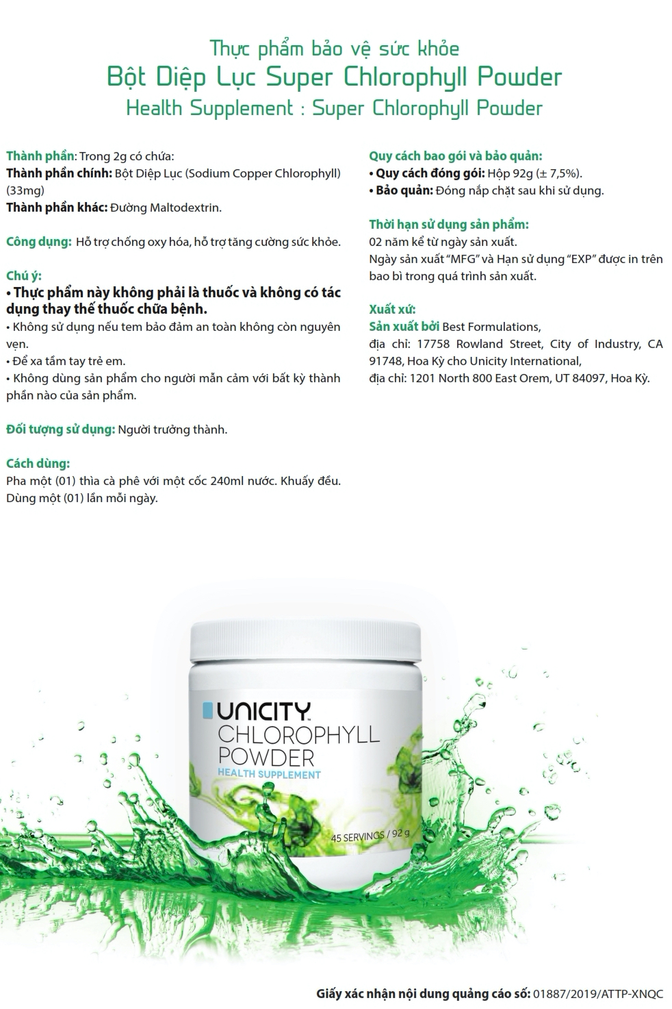 Bot diep luc Unicity Super Chlorophyll Powder Uni