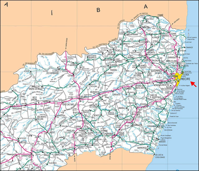 Mapa rodoviário com a localização de Recife