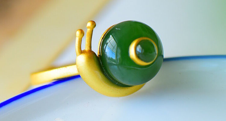 蝸牛碧玉可調式 鎏金 925純銀戒指