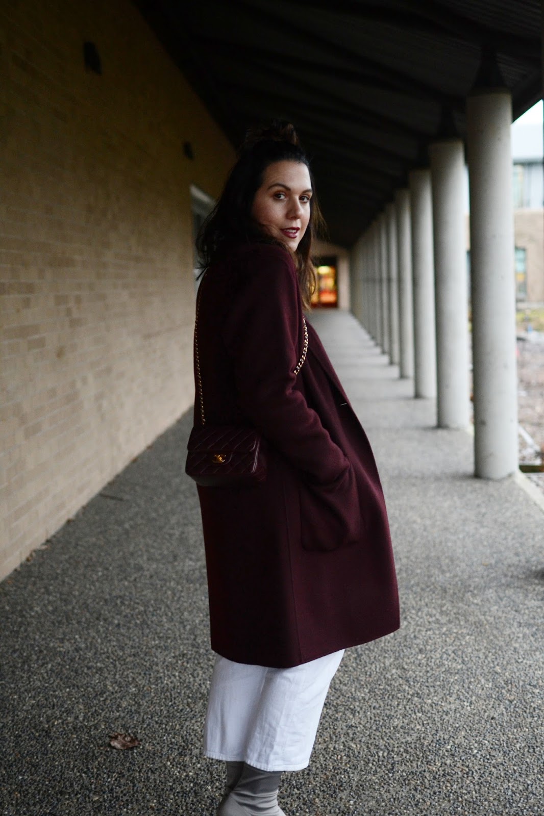 burgundy theory coat outfit vancouver fashion blogger  aleesha harris chanel mini flap bag frank and oak sweater