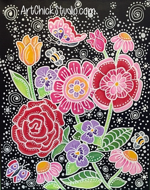 Happy Flowers in Mixed Media Art Chick Studio