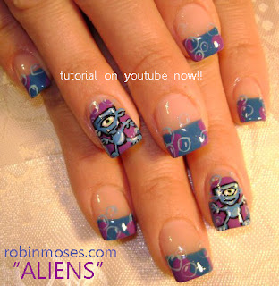 "marbling nails without water tutorial" "alien nail art" "cute cartoon alien nails" "cartoon alien nails" "simple nail marbling" "alien nail", cute alient blue and purple nail art tutorial robin moses, no water marbling nail art