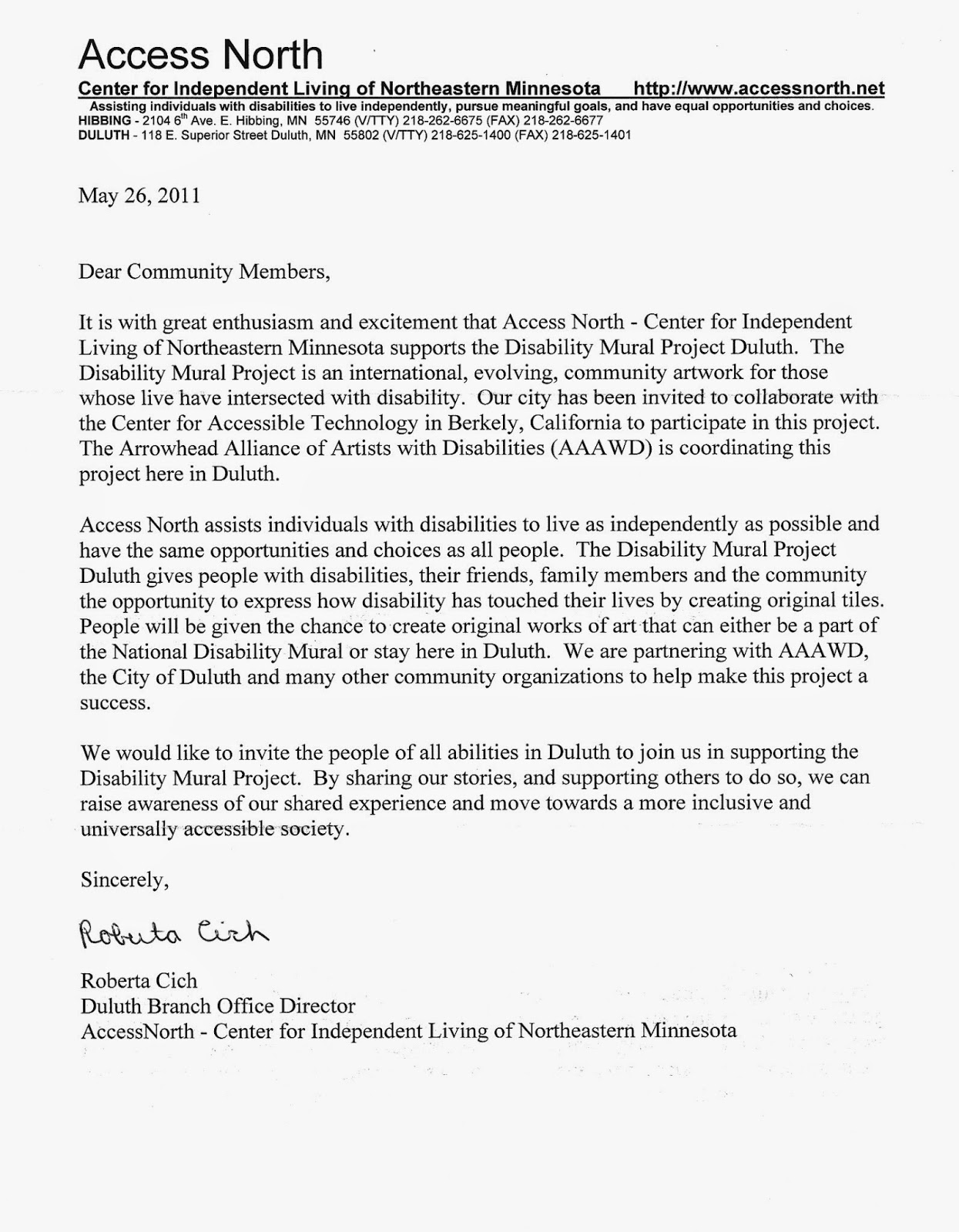 Disability Mural Project Duluth: Letter of Support from CHOICE, unlimited