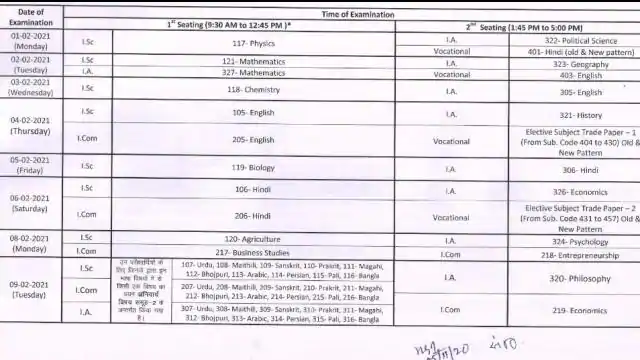 Bihar Board BSEB Class 12 Datesheet 2020-21 1