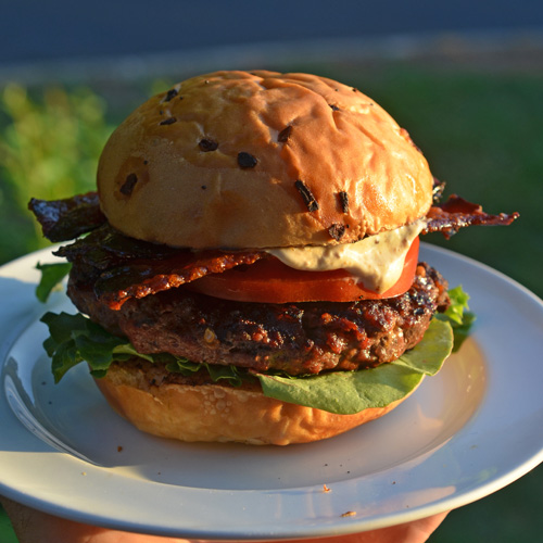 Cheddar Burger with Candied Bacon and Brisket Jus Mayo