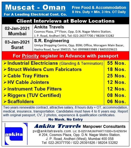 OMAN JOBS REQUIRED FOR A LEADING ELECTRICAL CONTRACTING COMPANY IN OMAN