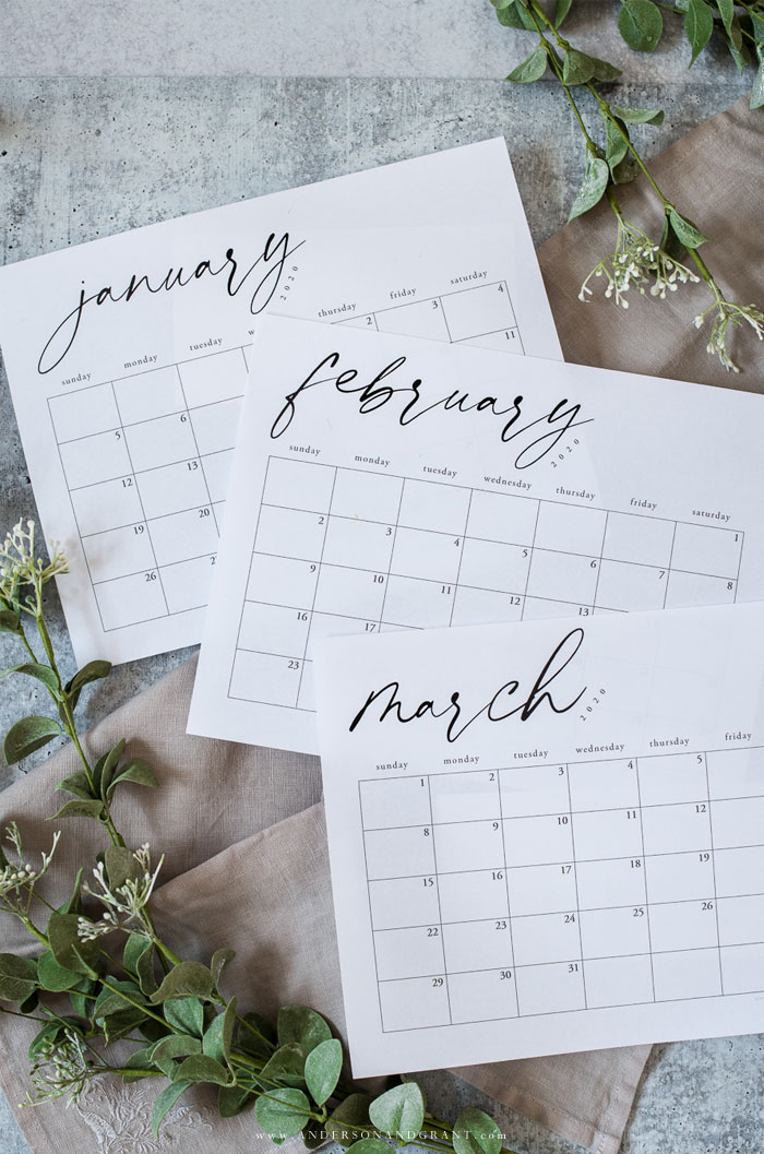 Black and White Free Printable Calendar for 2020 | ANDERSON+GRANT