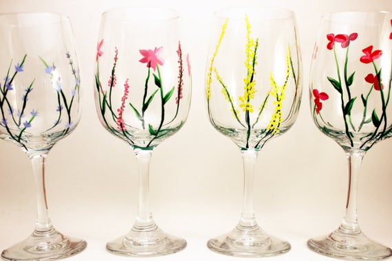 Floral Wine Glasses, Hand Painted