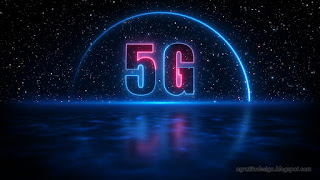 Abstract 5g Cellular Network Neon Light With Shadow Reflection On Blue Light Water Surface Against Dark Starry Sky