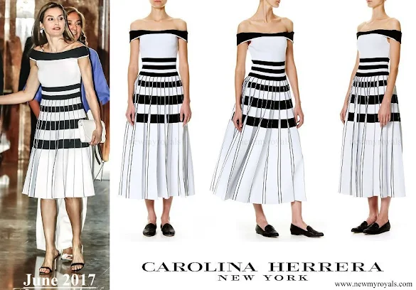 Queen Letizia wore Carolina Herrera Striped Off The Shoulder Knit Dress