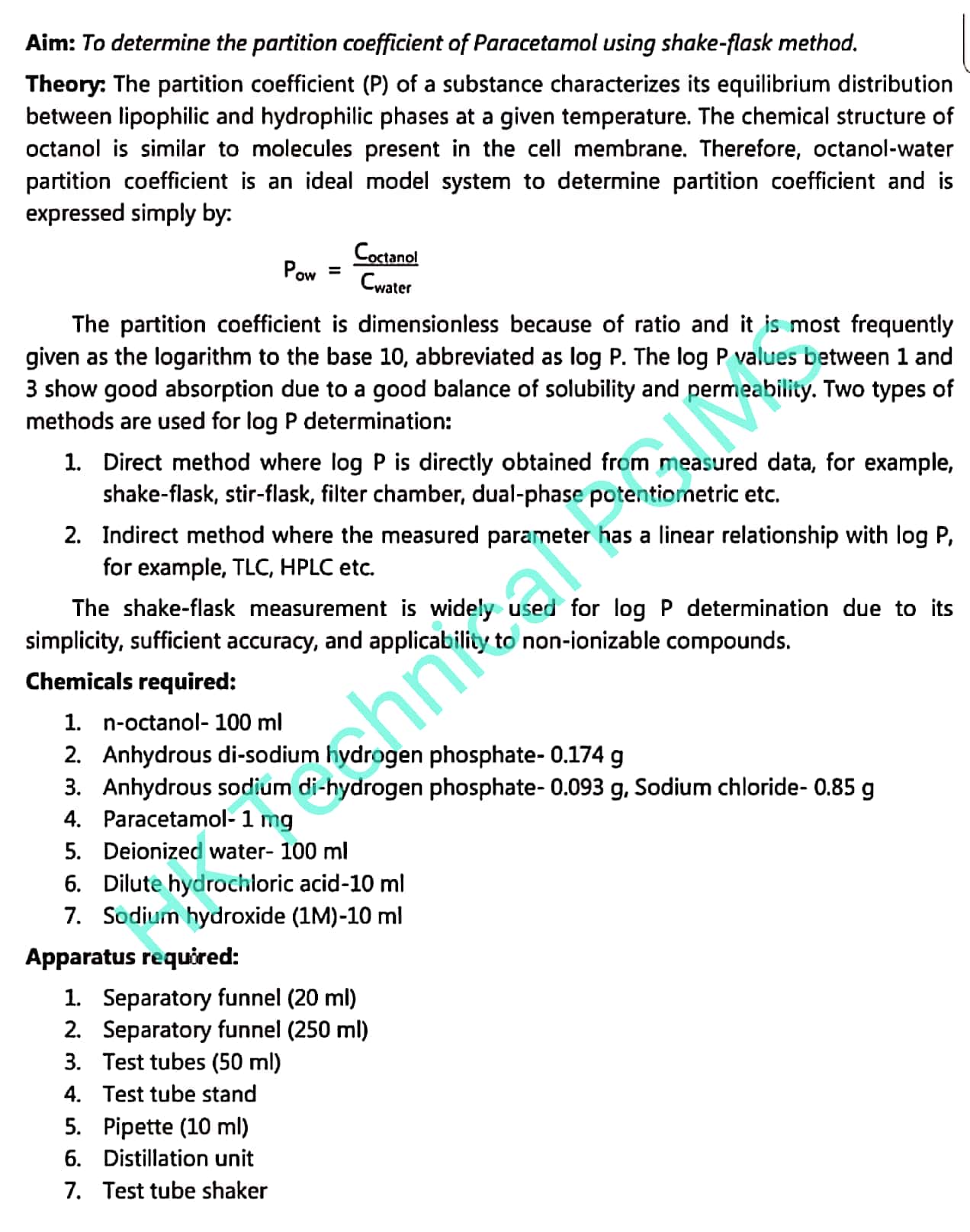 To determine the Partition Coefficient of PCM using ShakeFlask method