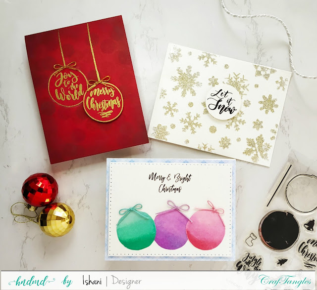 Craftangles, Christmas card, Ink blending, Hero Arts Ombre inks, stencil card, stenciling, Stretch your stamps, Quillish, CrafTangles Christmas Ornament stamp set, Christmas ornament card, Christmas baubles card, Video tutorial, Bokeh background, 