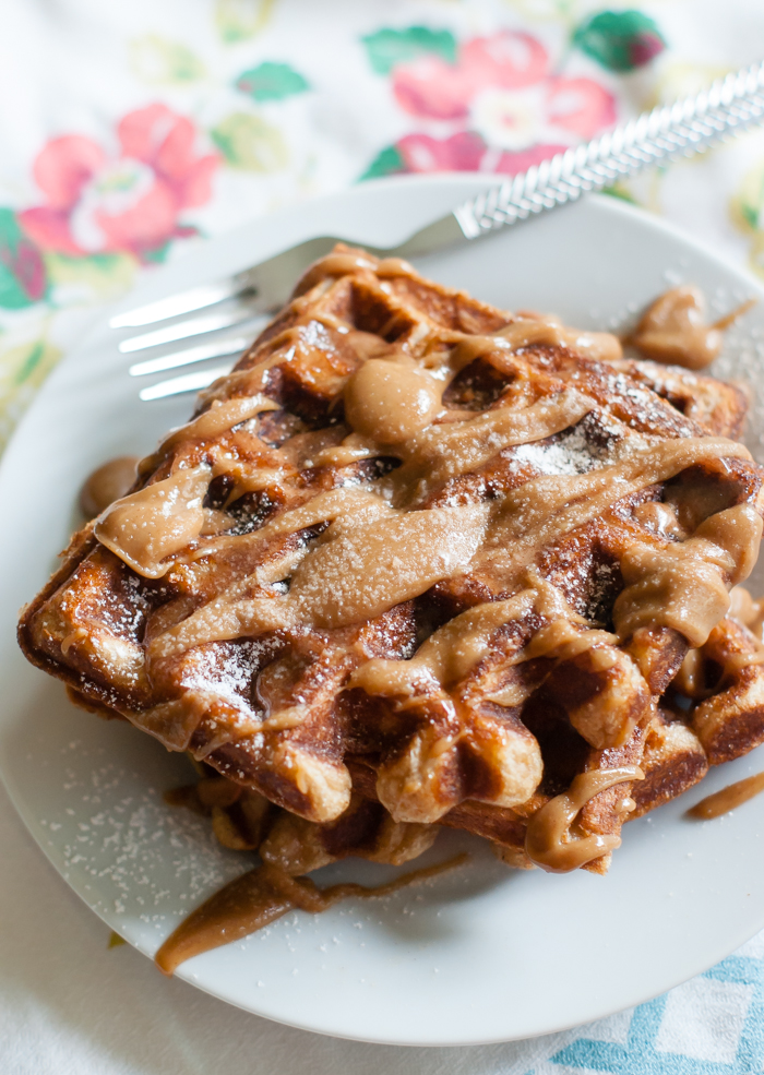 Cinnamon Sugar Waffles with Cinnamon Peanut Butter Maple Drizzle