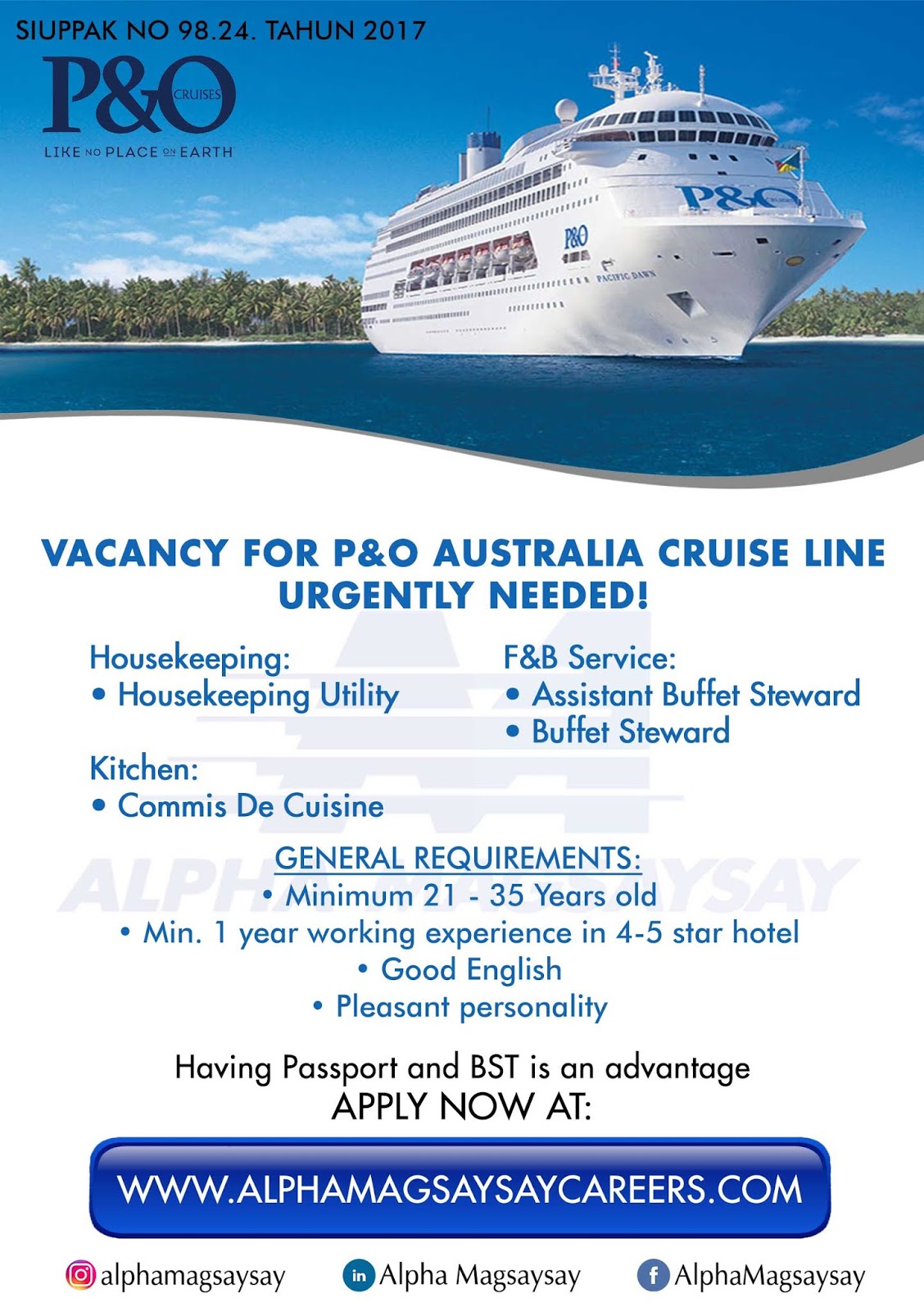 Alpha Magsaysay 2020 P O Cruise Line Vacancy