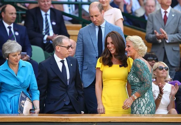 Kate Middleton wore Dolce & Gabbana Cap Sleeved Cady Midi Dress and gold earrings. Catherine, Duchess of Cambridge and Prince William