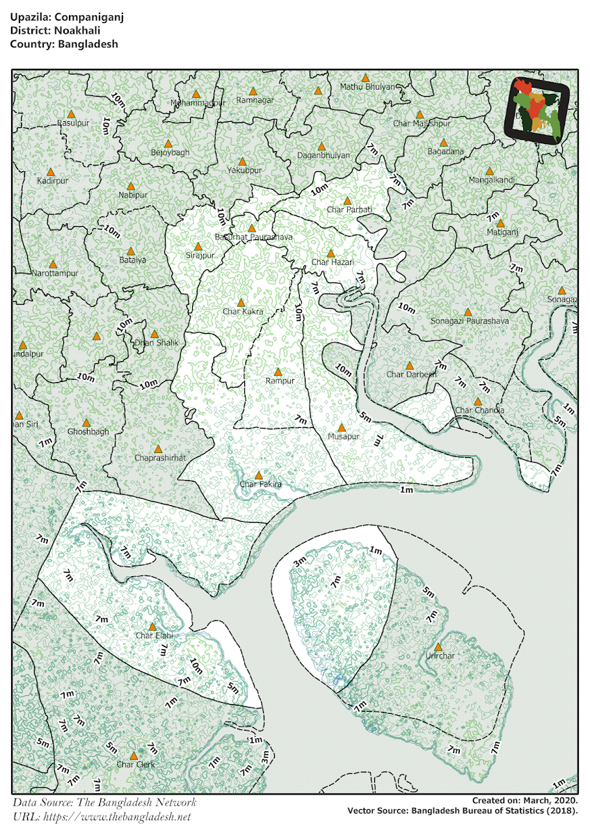 Companiganj Upazila Elevation Map Noakhali District Bangladesh