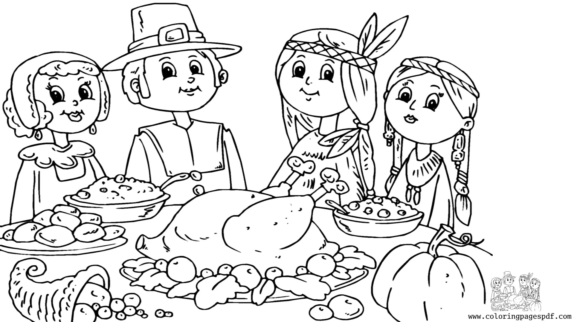 Coloring Page Of A Family Enjoying Thanksgiving