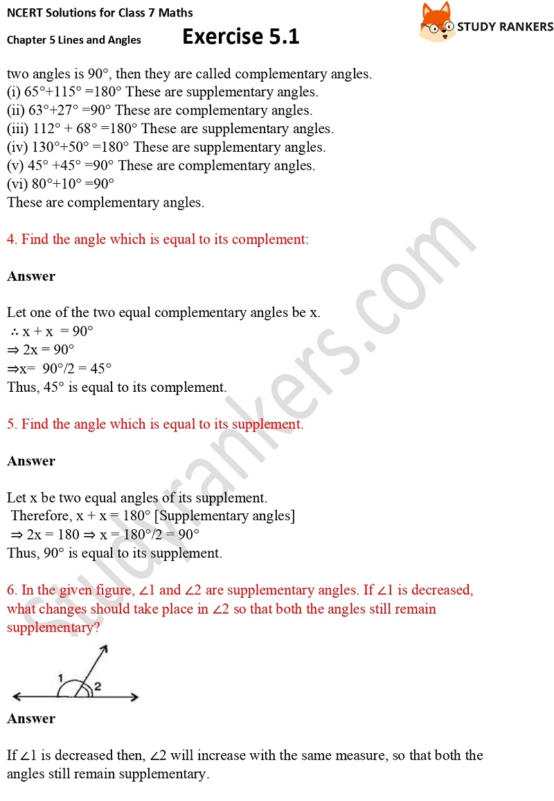 NCERT Solutions for Class 7 Maths Ch 5 Lines and Angles Exercise 5.1 2