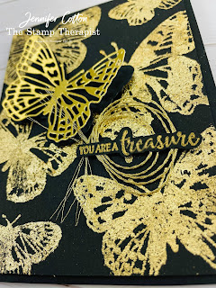 This card uses Stampin' Up!'s Butterfly Brilliance Bundle.  I also used Gilded Leafing, gold heat embossing, and Gold Foil Paper.  The Butterfly Brilliance Bundle is available now!  Click the picture to go to blog post and see link to video with instructions!  Measurements on the blog.  #StampinUp #StampTherapist #ButterflyBrilliance