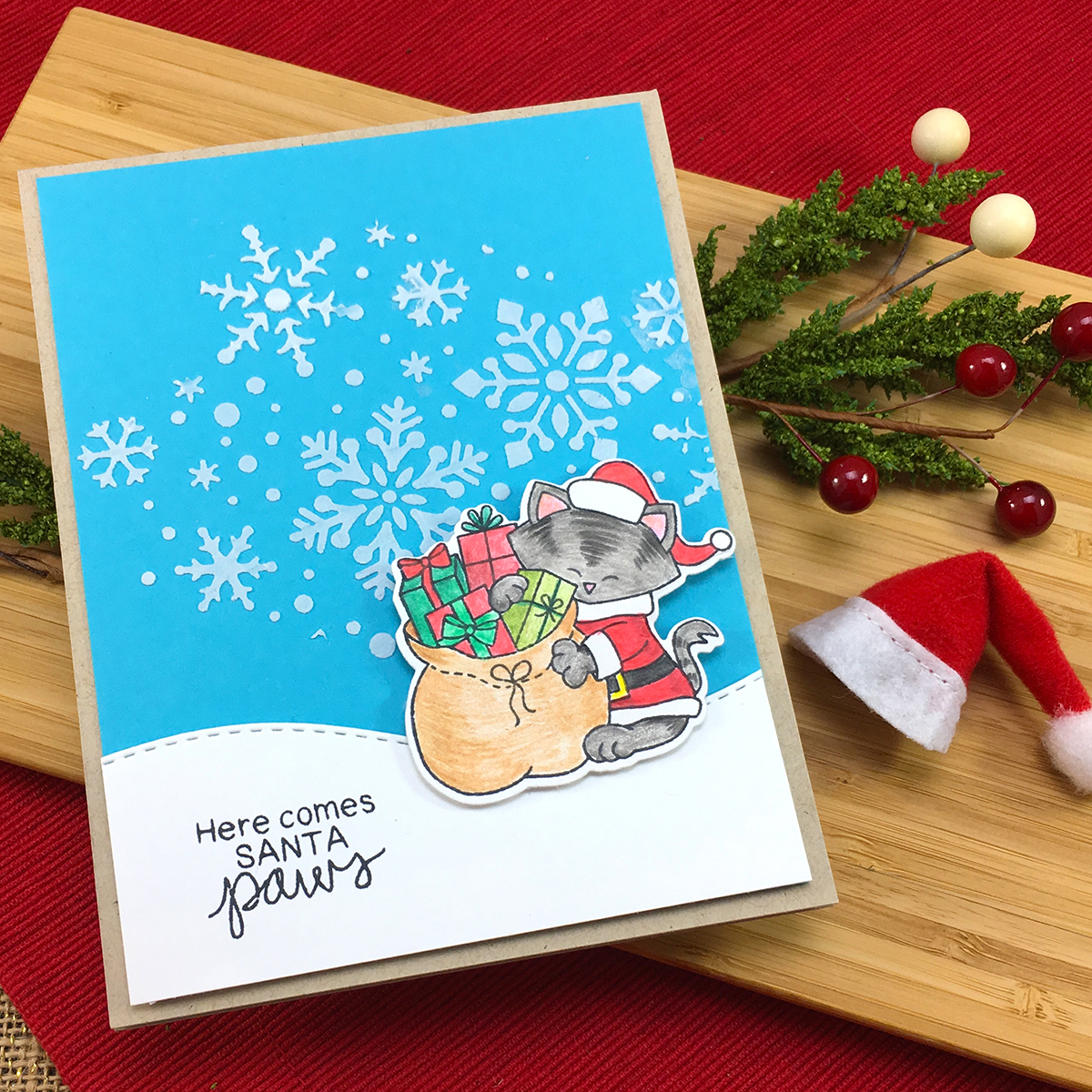 Deck the Halls with Inky Paws Blog Hop! | Santa Kitty card by Jennifer Jackson | Santa Paws Newton Stamp Set by Newton's Nook Designs #newtonsnook