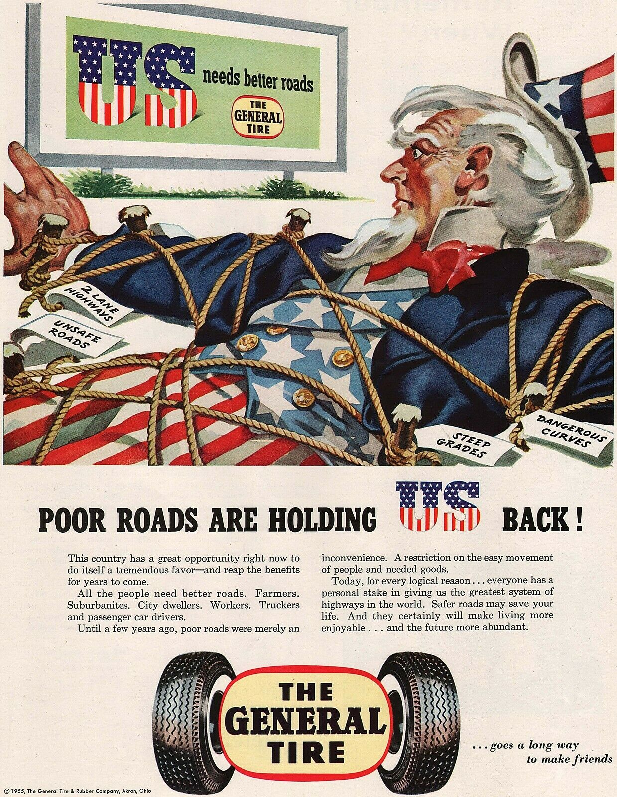 1955 GENERAL TIRE Magazine Ad UNCLE SAM Poor Roads Old