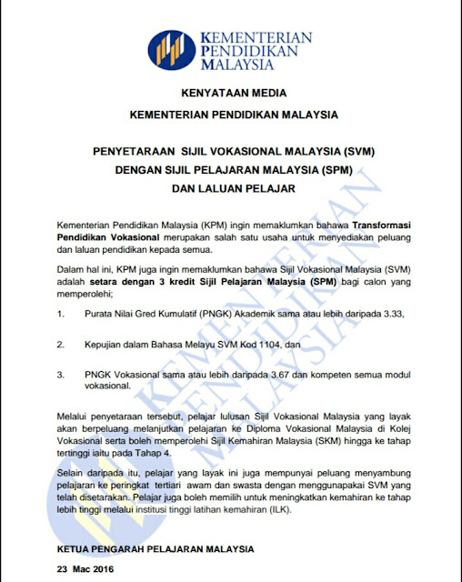 Sijil Vokasional Malaysia (SVM) setara dengan Sijil Pelajaran Malaysia (SPM)