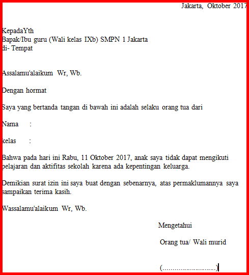 Contoh Surat Izin Tidak Masuk Sekolah Baik Dan Benar 2019