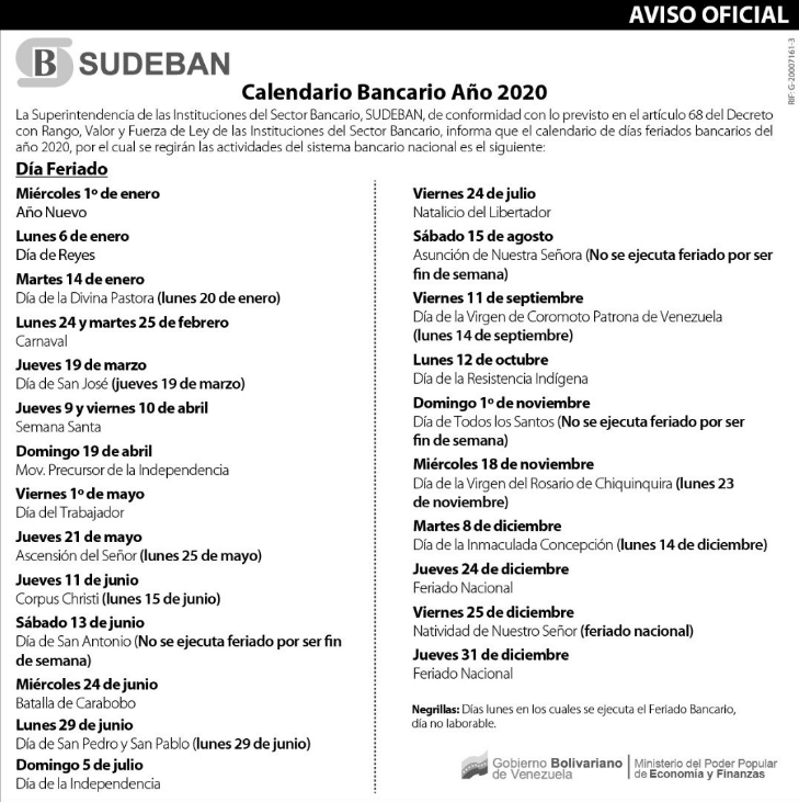 Calendario oficial bancario de Sudeban. Lunes bancarios. Días festivos de Venezuela en el 2020. Días feriados de Venezuela en el 2020. Calendario bancario de Venezuela 2020 Lunes-bancarios-Días-festivos-de-Venezuela-en-el-2020-Días-feriados-de-Venezuela-en-el-2020-Calendario-bancario-de-Venezuela-2020-Calendario-SUDEBAN-2020