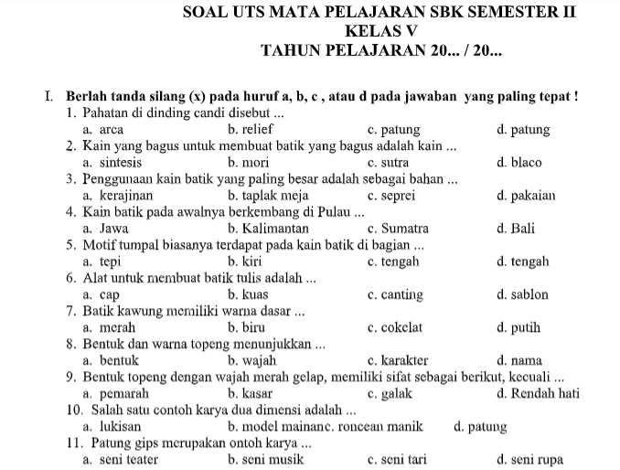 Soal Uts Pts Sbdp Kelas 5 Semester 2 K13 Tahun 2020 File Guru Now