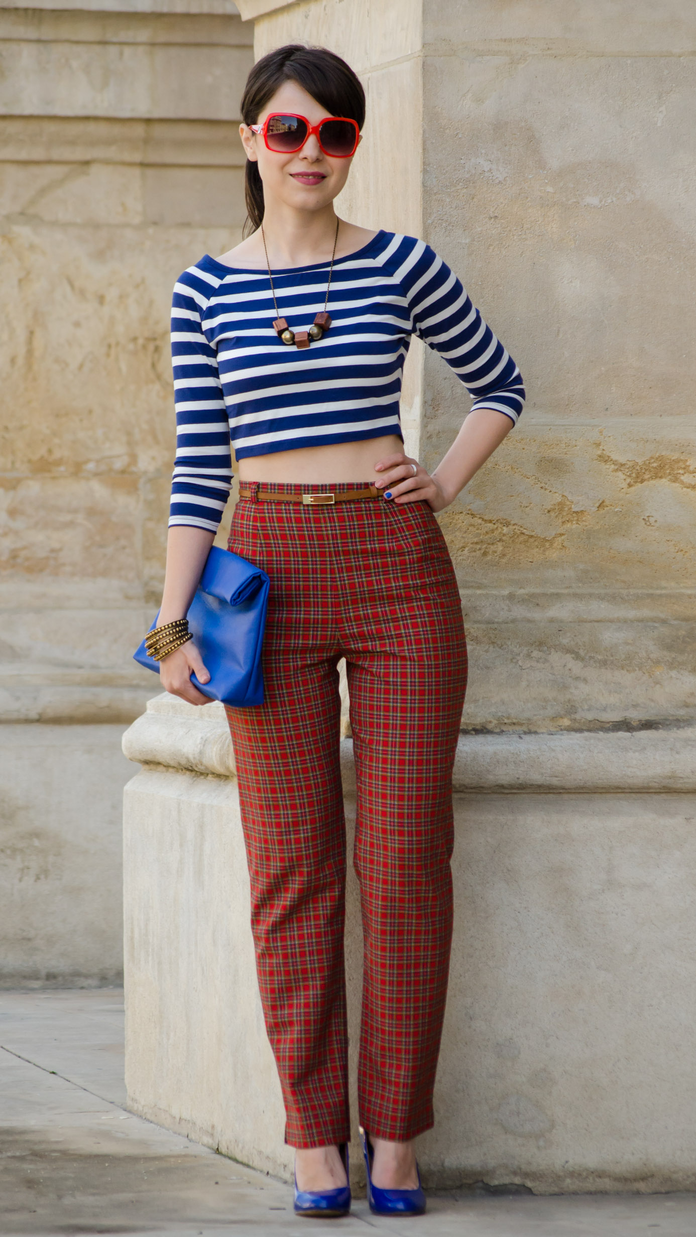 crop top high waist pants tartan blue stripes 