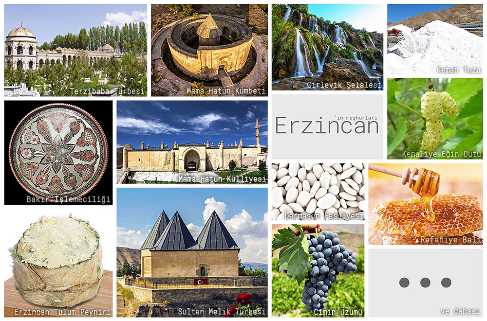 Erzincan'ın meşhur şeylerini gösteren resimlerden oluşan kolaj