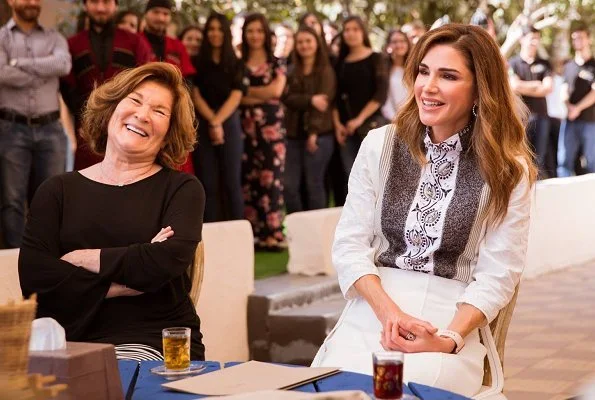 Queen Rania wore Chloe hoop trim contrast panel blouse, Proenza Schouler crepe midi skirt and Dior D-Choc pumps