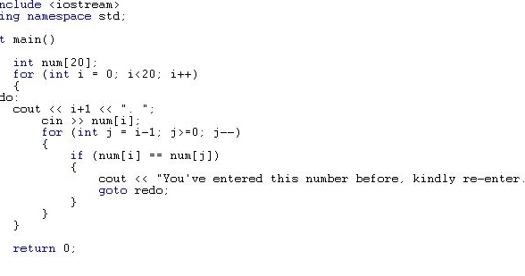 C++: C++ Program to enter 20 unique numbers. No number should be ...