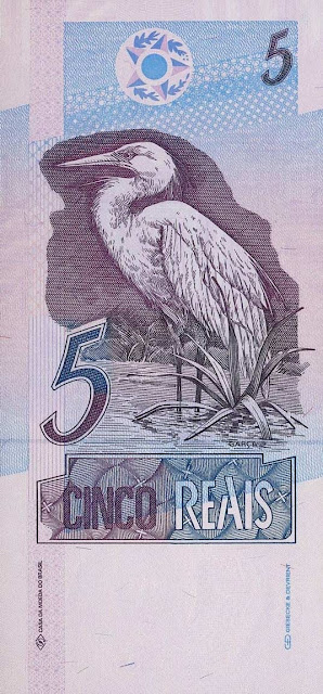 Brazil Currency 5 Reals banknote 1994 Great Egret (Casmerodius albus), long-legged wading bird
