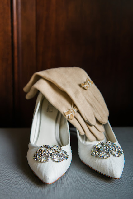 Beaded bridal shoes and camel wool ladies gloves