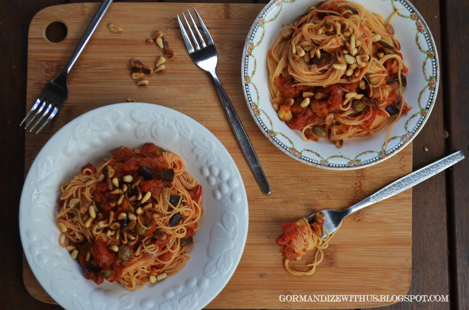 Gormandize Roasted Vegetable Spaghetti with Capers and Pine Nuts