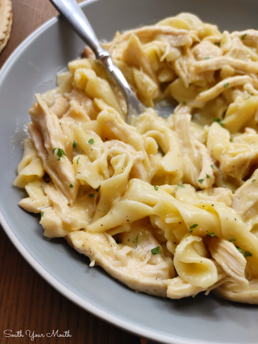 Chicken & Noodles (Stove-Top or Crock Pot) - This one-pot recipe for creamy chicken with egg noodles made with just 5 ingredients (plus salt & spices) is the best for comfort food made easy!