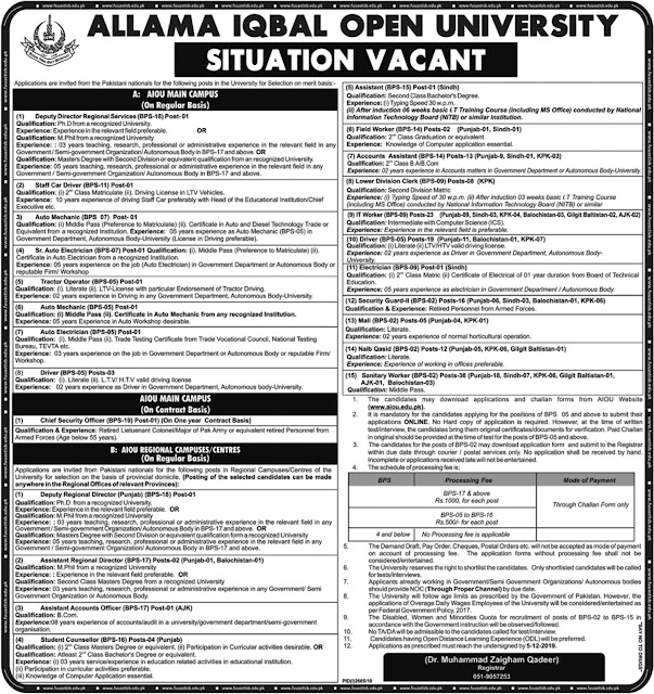 AIOU Jobs 2020 Allama Iqbal Open University Application Form