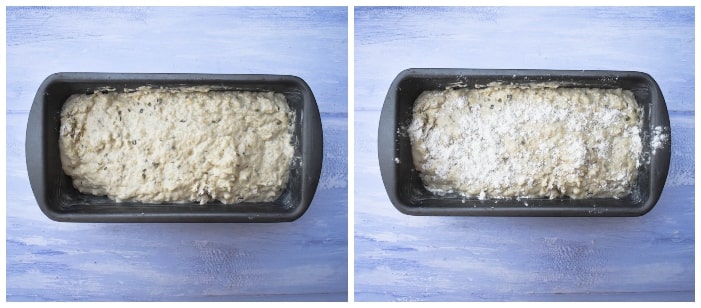 making cheese & chive beer bread - step 5 - bread dough in loaf tin and baked loaf