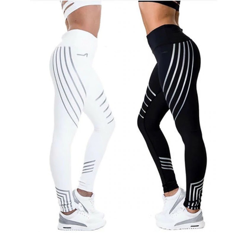 Women Solid Fitness Gym Legging Striped Print Sport Leggings Elastic ...