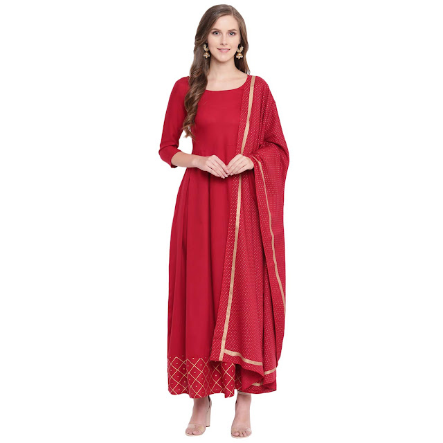 Stylum Women's Gold Printed Rayon Flared Kurta Dupatta Set (Maroon)